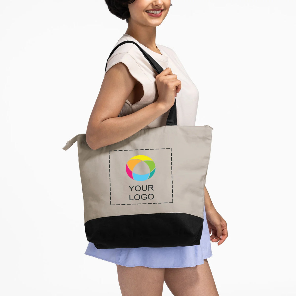 Zippered Cotton Canvas Tote with Interior Pocket, 15 x 18 in